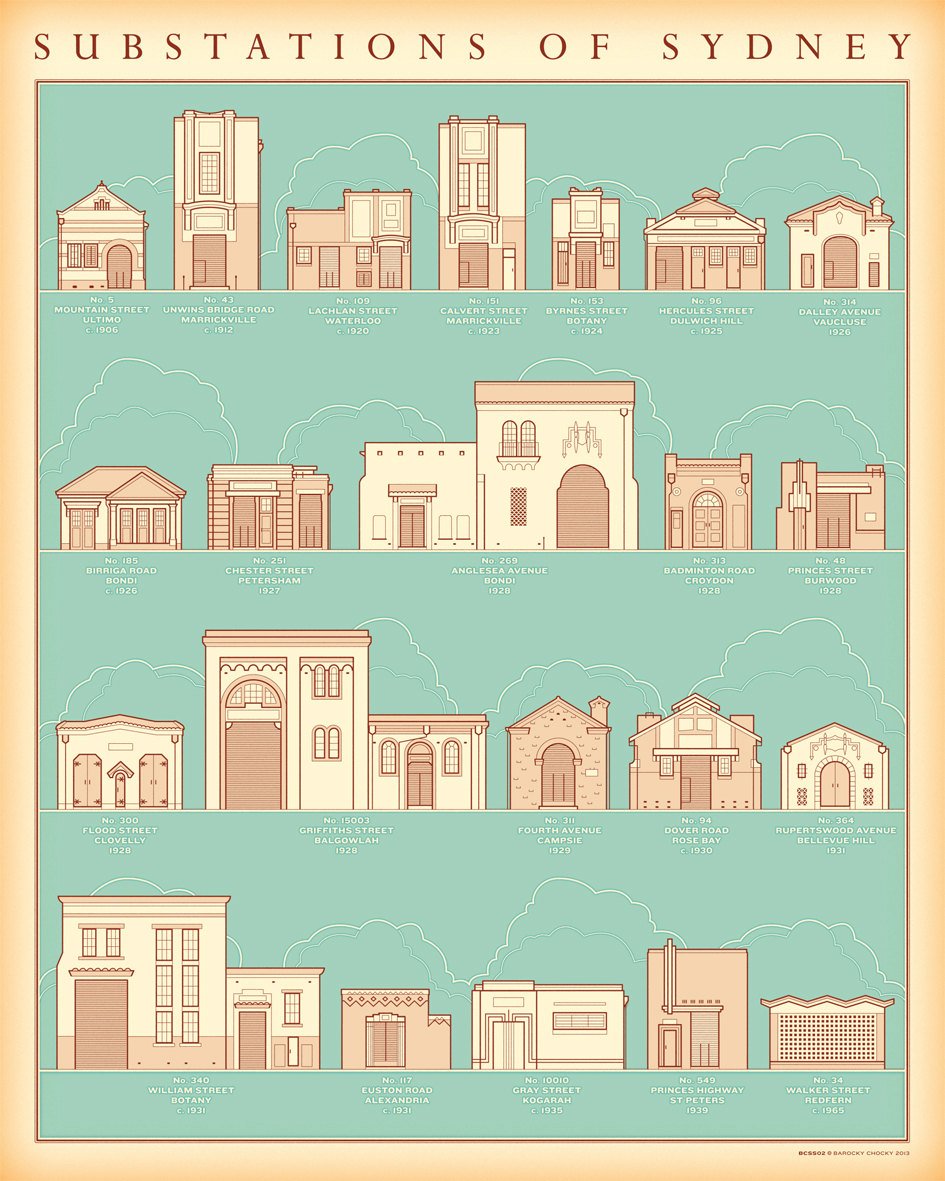 Substations of Sydney illustrated print by Barocky Chocky