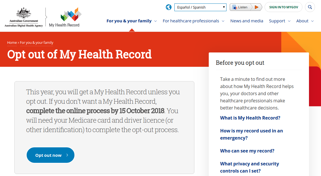 My Health Record website - opt-out page