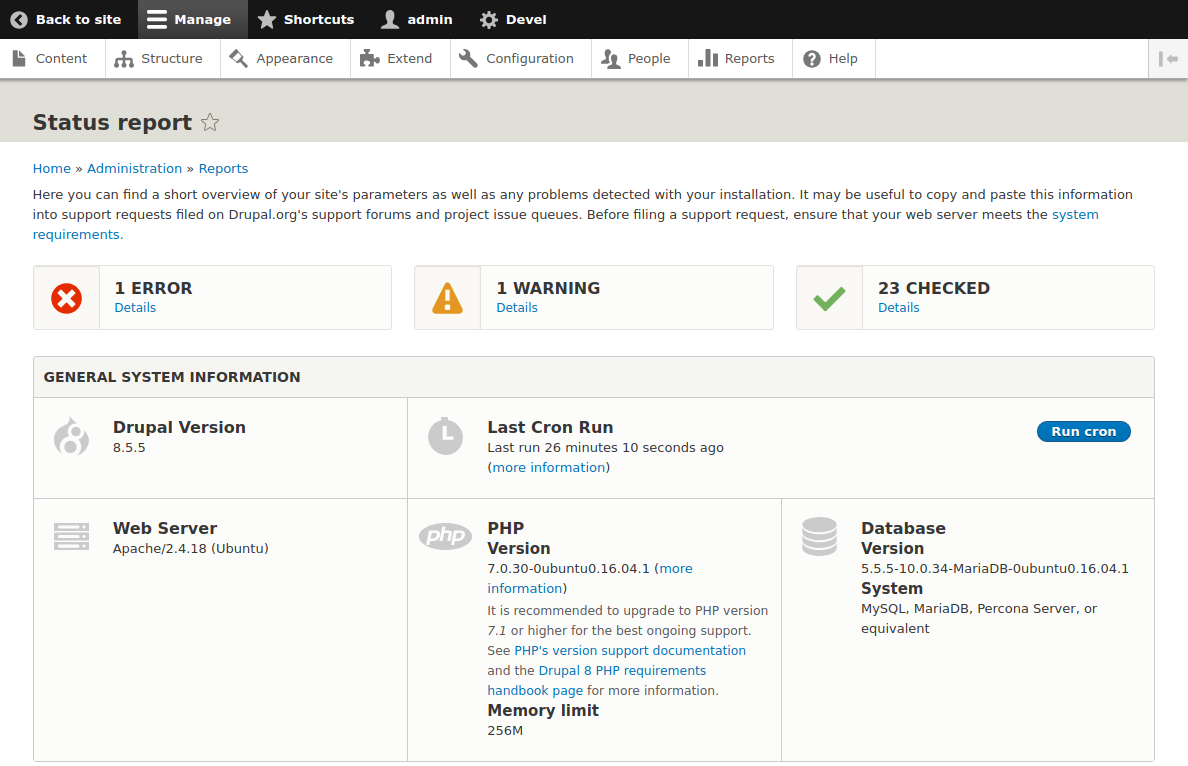 Drupal Status report page at the end