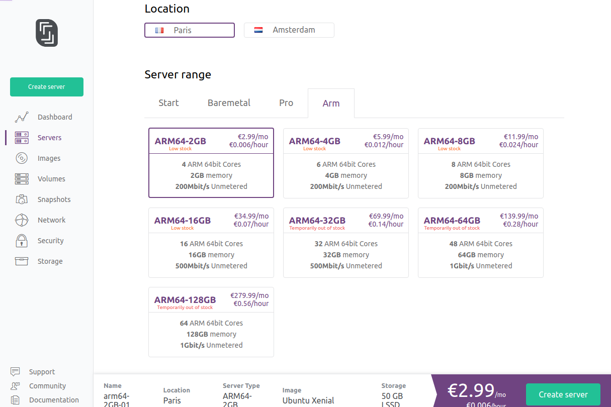 Scaleway admin interface: server creation